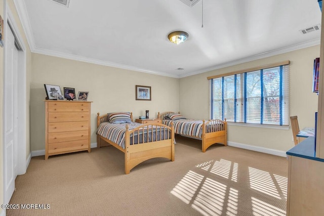 carpeted bedroom featuring crown molding