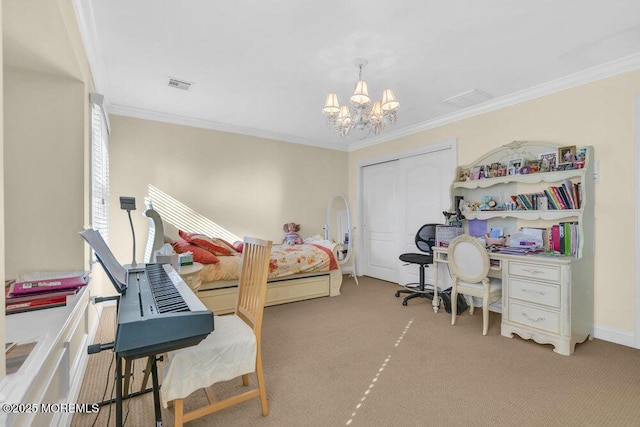 bedroom with an inviting chandelier, light colored carpet, ornamental molding, and a closet