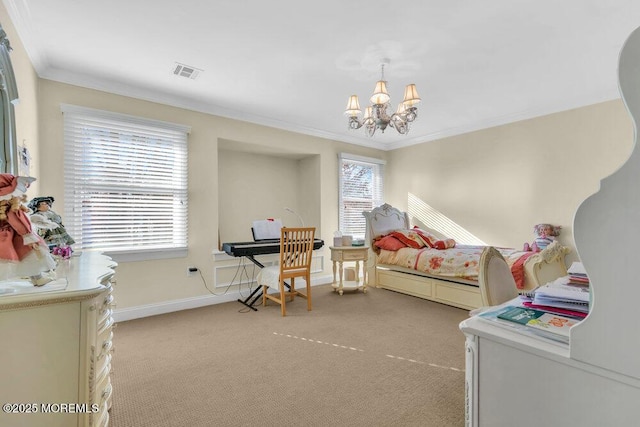 carpeted bedroom featuring crown molding and a notable chandelier