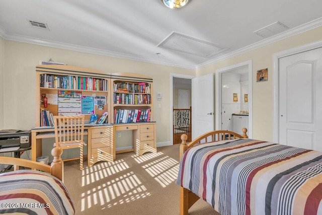 carpeted bedroom featuring ornamental molding