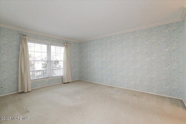 empty room with ornamental molding and light carpet