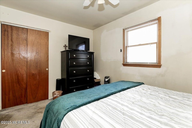 bedroom featuring carpet flooring, ceiling fan, and a closet