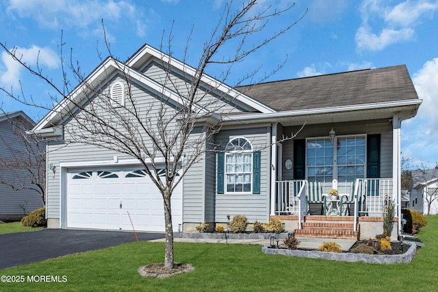 ranch-style home with a porch, an attached garage, driveway, roof with shingles, and a front yard