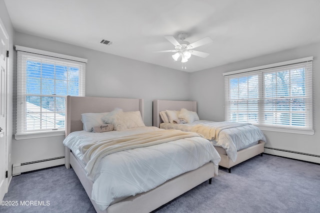 bedroom featuring a baseboard heating unit, ceiling fan, and carpet flooring