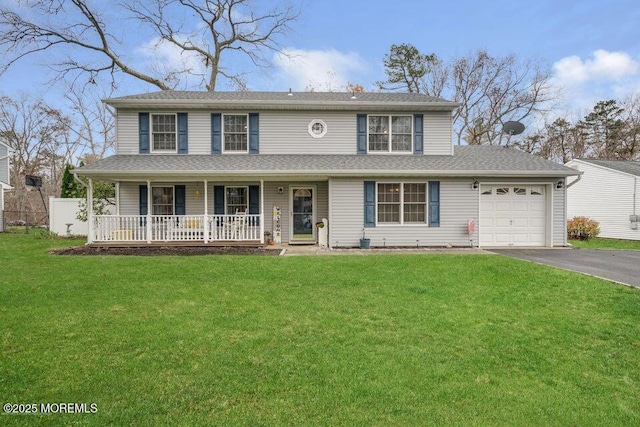 view of front of house with a garage, a front yard, and covered porch