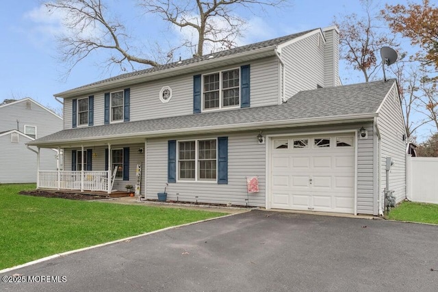 view of front of home with a porch, a garage, and a front yard