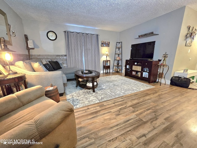 living room with hardwood / wood-style flooring and a textured ceiling