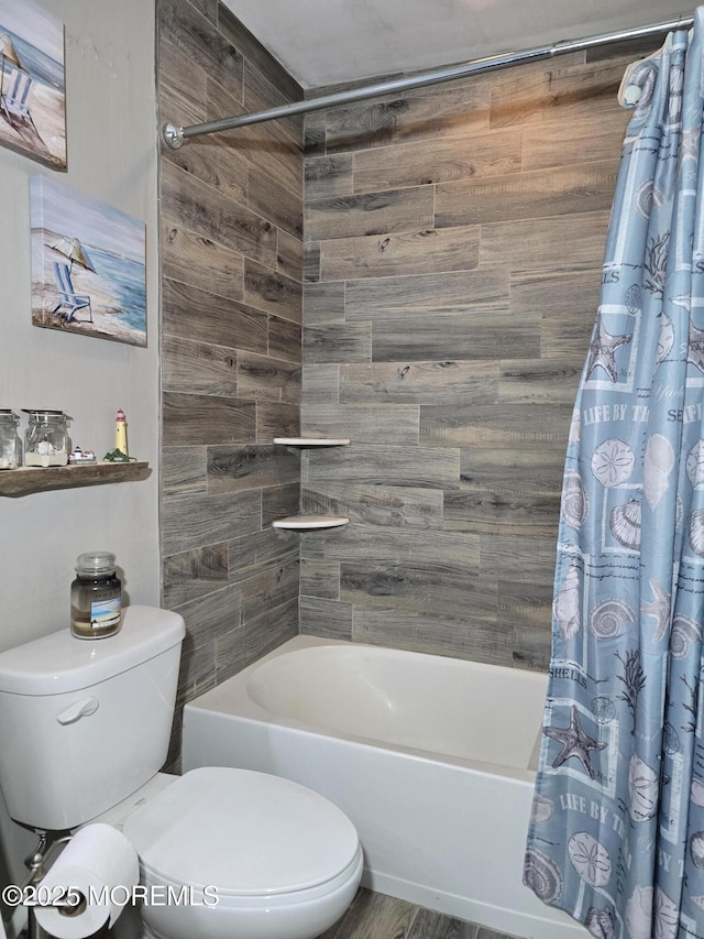 bathroom with toilet and shower / bath combo with shower curtain