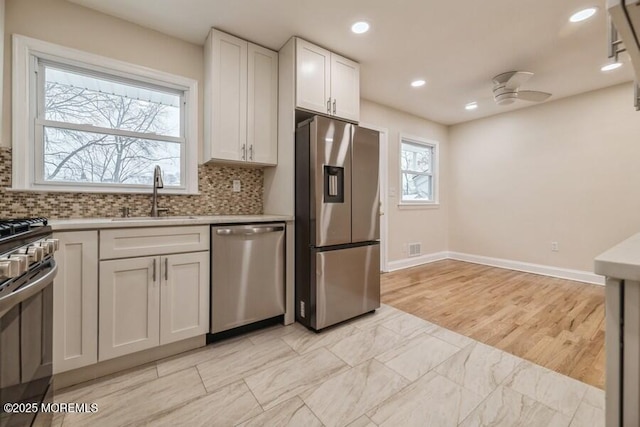 kitchen featuring sink, backsplash, stainless steel appliances, and white cabinets