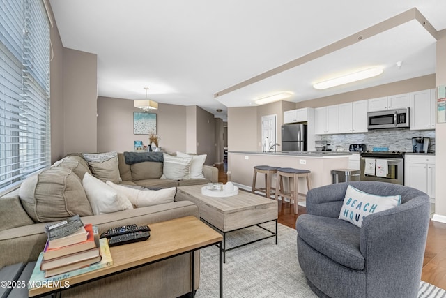 living room with sink and light hardwood / wood-style flooring