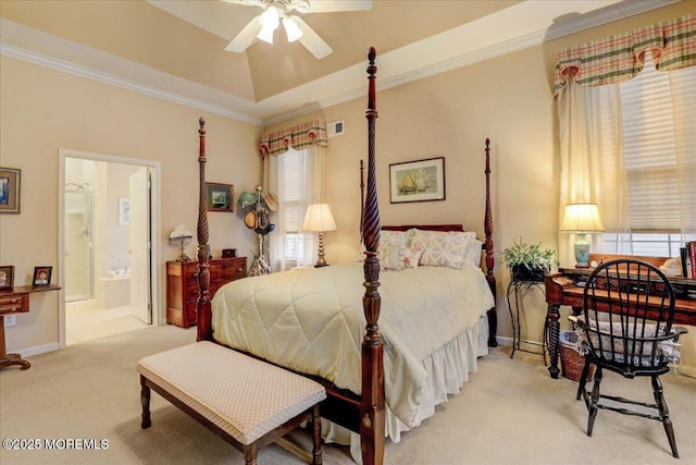 bedroom with crown molding, multiple windows, a raised ceiling, and light carpet