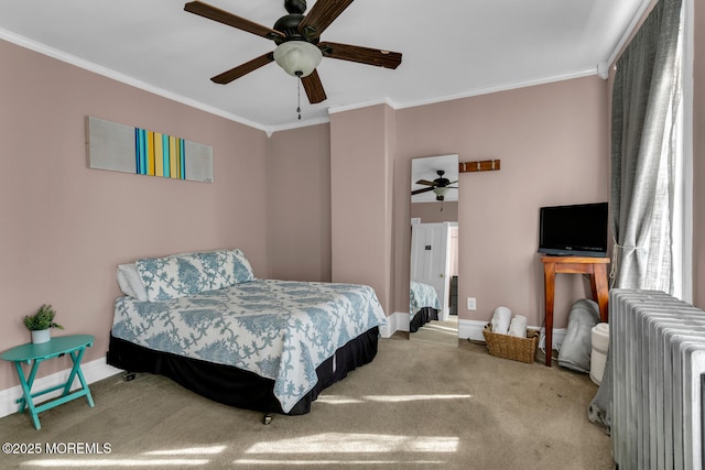 bedroom featuring crown molding, carpet floors, and radiator heating unit