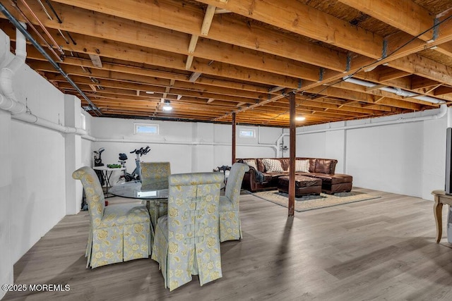 basement with wood-type flooring