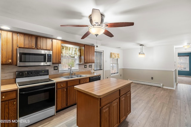 kitchen with a baseboard radiator, sink, hanging light fixtures, a center island, and electric range