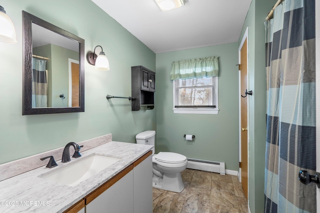 bathroom featuring a baseboard radiator, vanity, toilet, and a shower with shower curtain