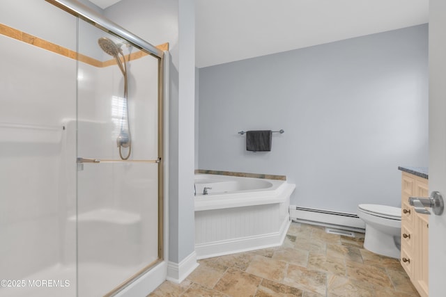 full bathroom with independent shower and bath, vanity, baseboard heating, and toilet