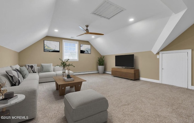 carpeted living room with lofted ceiling, a baseboard heating unit, and ceiling fan