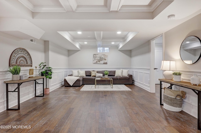 living area with visible vents, dark wood-type flooring, beam ceiling, and recessed lighting