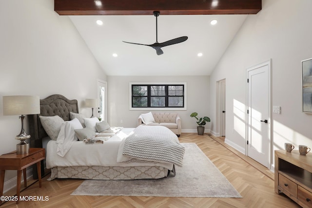 bedroom with baseboards, high vaulted ceiling, beam ceiling, and recessed lighting