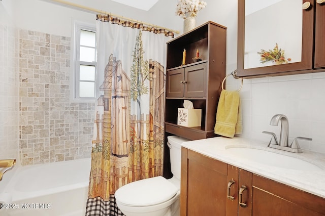 full bathroom with shower / tub combo with curtain, tile walls, vanity, tasteful backsplash, and toilet