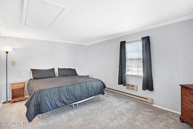 carpeted bedroom featuring crown molding and a baseboard heating unit