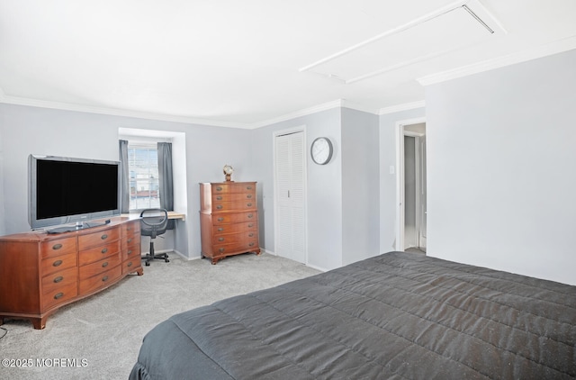 bedroom with crown molding, light colored carpet, and a closet