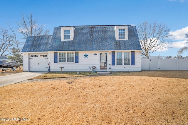 new england style home with a garage and a front lawn