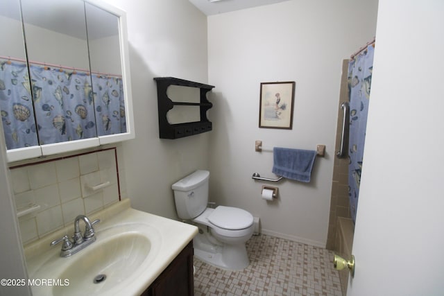 full bathroom with tasteful backsplash, vanity, shower / bath combination with curtain, and toilet