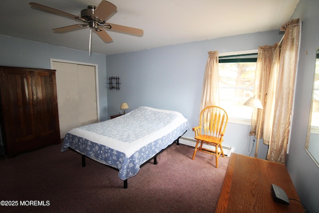 carpeted bedroom featuring a baseboard radiator, ceiling fan, and a closet