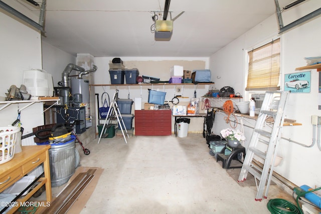 garage featuring a garage door opener, a workshop area, and water heater