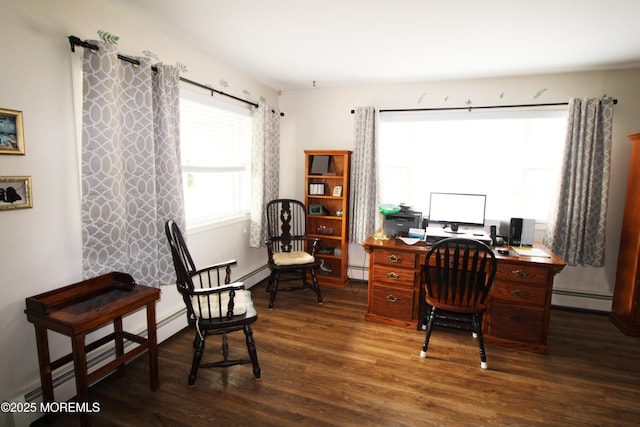 office featuring baseboard heating and dark wood-type flooring