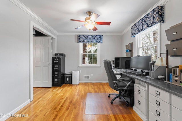 office space featuring ceiling fan, ornamental molding, light hardwood / wood-style flooring, and a wealth of natural light