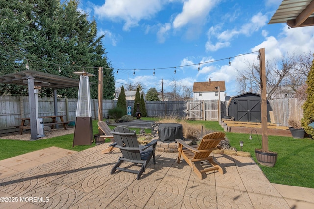 view of patio / terrace with a storage shed