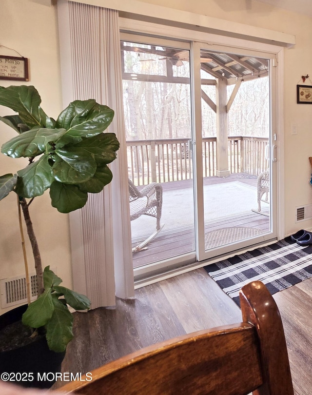 doorway to outside featuring dark wood-type flooring