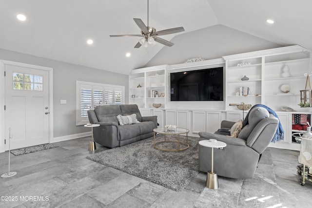 living room featuring ceiling fan and high vaulted ceiling