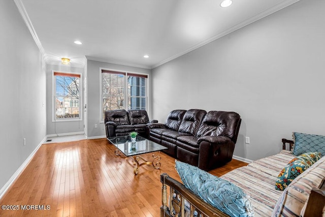 living room featuring crown molding and wood-type flooring