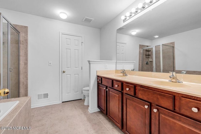 full bathroom featuring tile patterned floors, vanity, toilet, and plus walk in shower