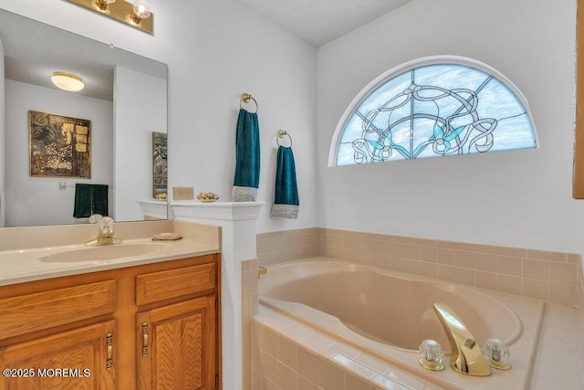 bathroom featuring vanity, tiled bath, and a textured ceiling