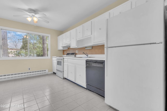 kitchen with sink, tasteful backsplash, white cabinets, white appliances, and a baseboard heating unit