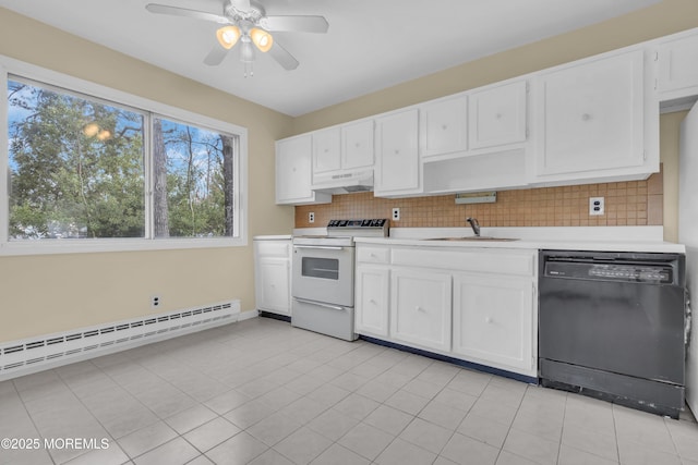 kitchen featuring sink, baseboard heating, white cabinetry, electric range, and black dishwasher