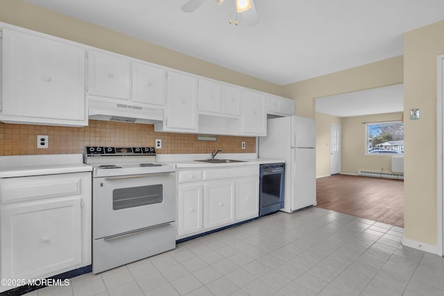 kitchen featuring sink, a baseboard radiator, white appliances, decorative backsplash, and white cabinets