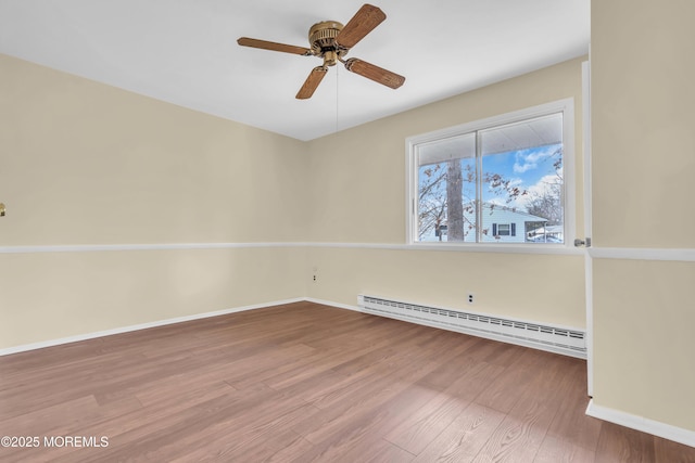 unfurnished room featuring hardwood / wood-style floors, a baseboard radiator, and ceiling fan