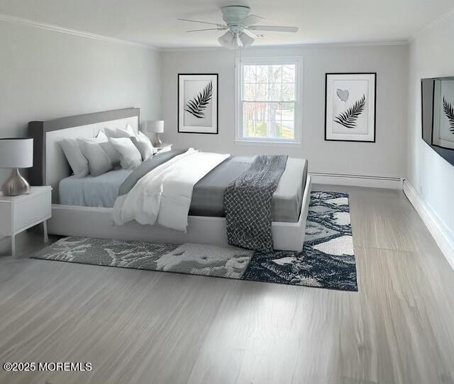 bedroom featuring hardwood / wood-style flooring, ornamental molding, and ceiling fan