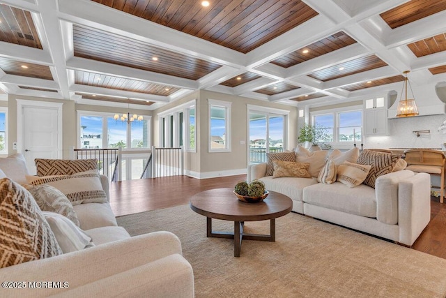 living room with beamed ceiling, coffered ceiling, light wood-style flooring, and a chandelier