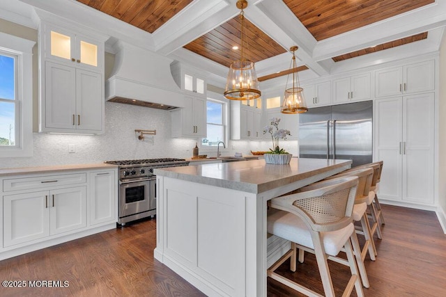 kitchen with wood ceiling, premium appliances, custom exhaust hood, and white cabinetry