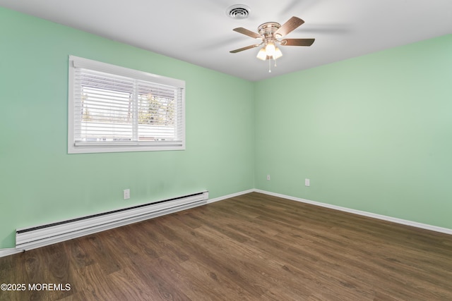 spare room featuring dark hardwood / wood-style flooring, ceiling fan, and baseboard heating