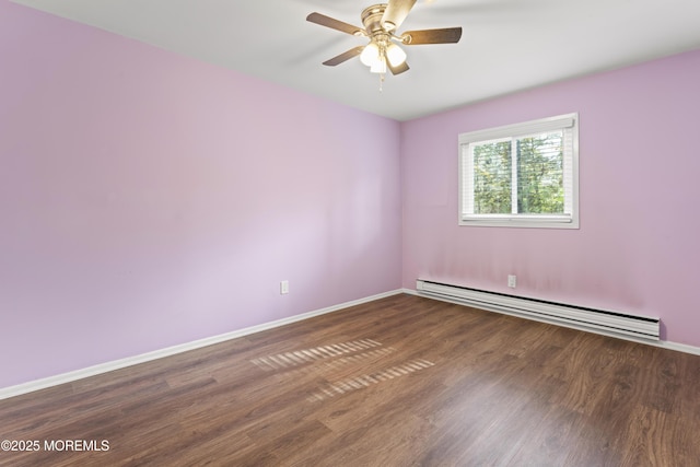 empty room featuring dark wood-type flooring, a baseboard radiator, and ceiling fan