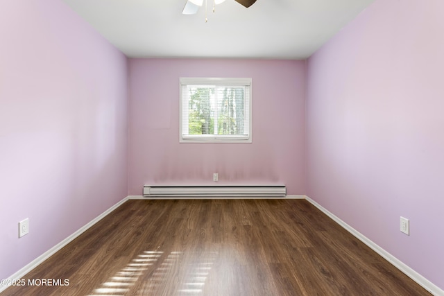 unfurnished room with ceiling fan, a baseboard radiator, and dark hardwood / wood-style floors