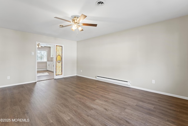 spare room with dark wood-type flooring, a baseboard radiator, and ceiling fan