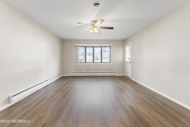 spare room with ceiling fan, dark hardwood / wood-style floors, and baseboard heating